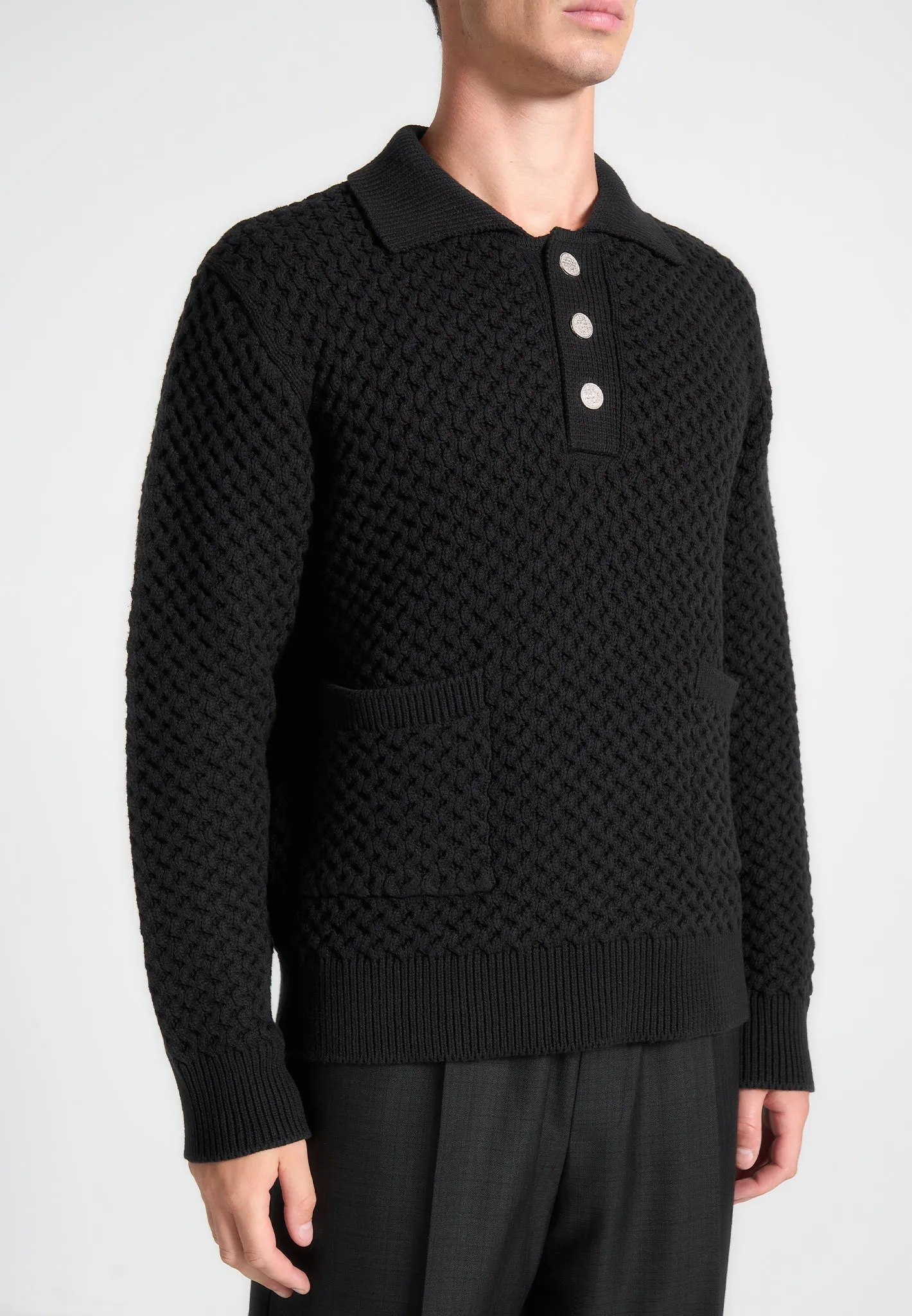 Waffle Knit Polo Jumper - Black