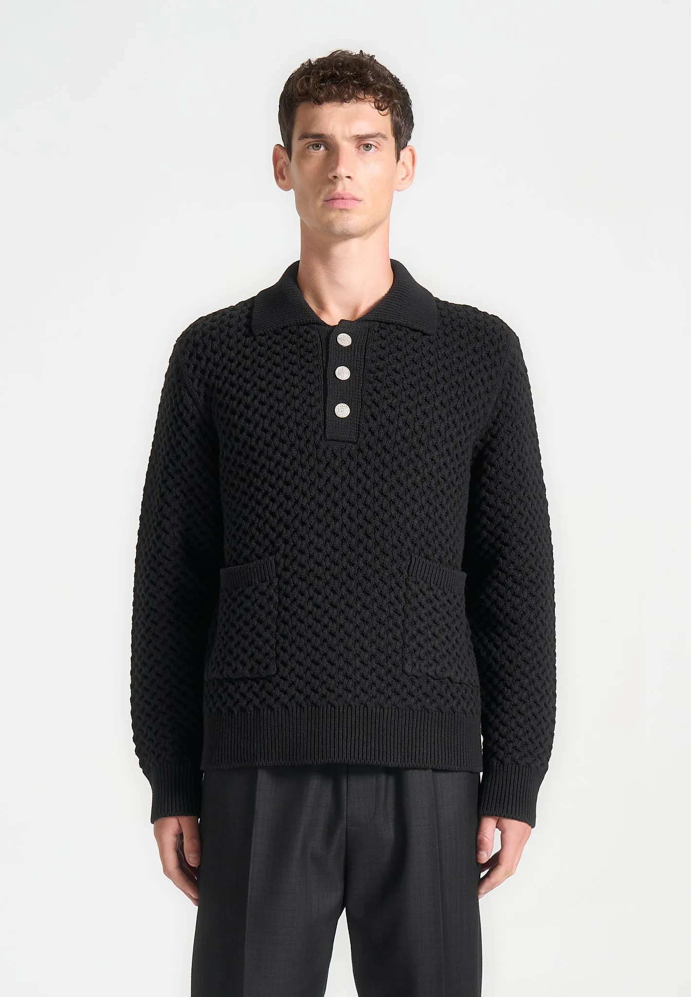 Waffle Knit Polo Jumper - Black