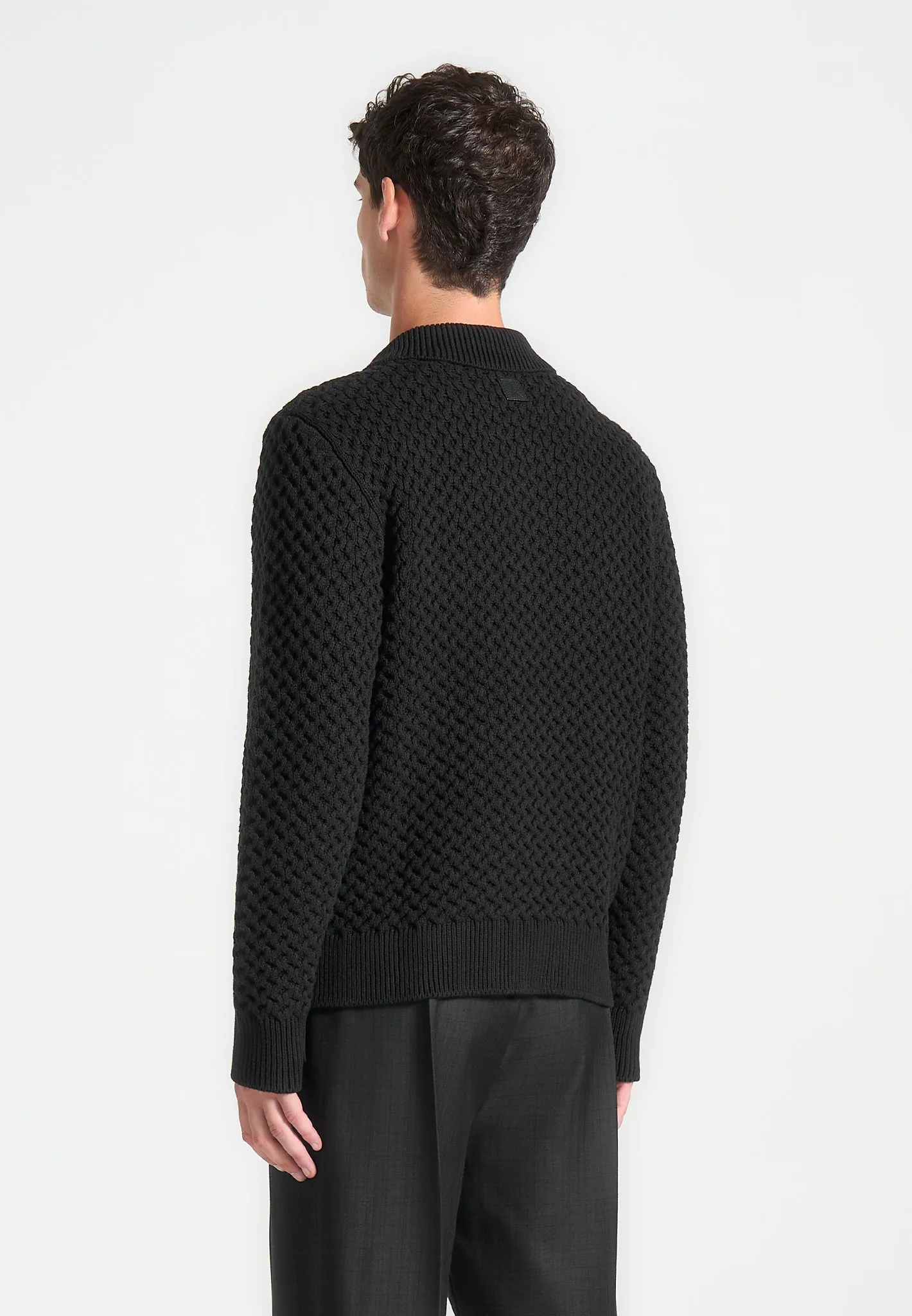 Waffle Knit Polo Jumper - Black