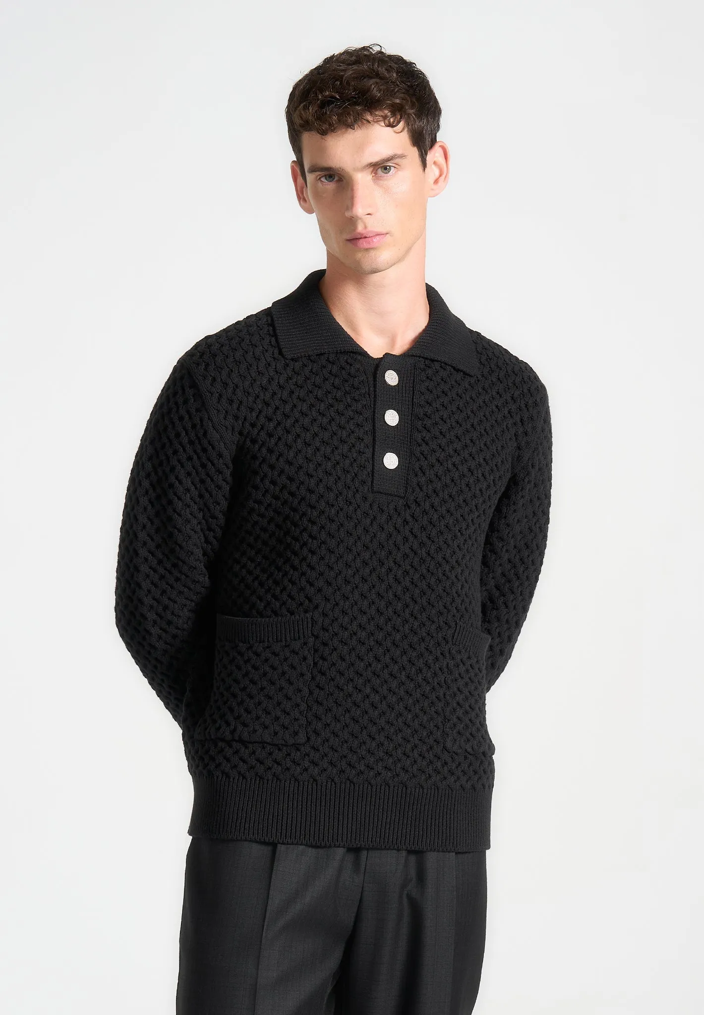 Waffle Knit Polo Jumper - Black