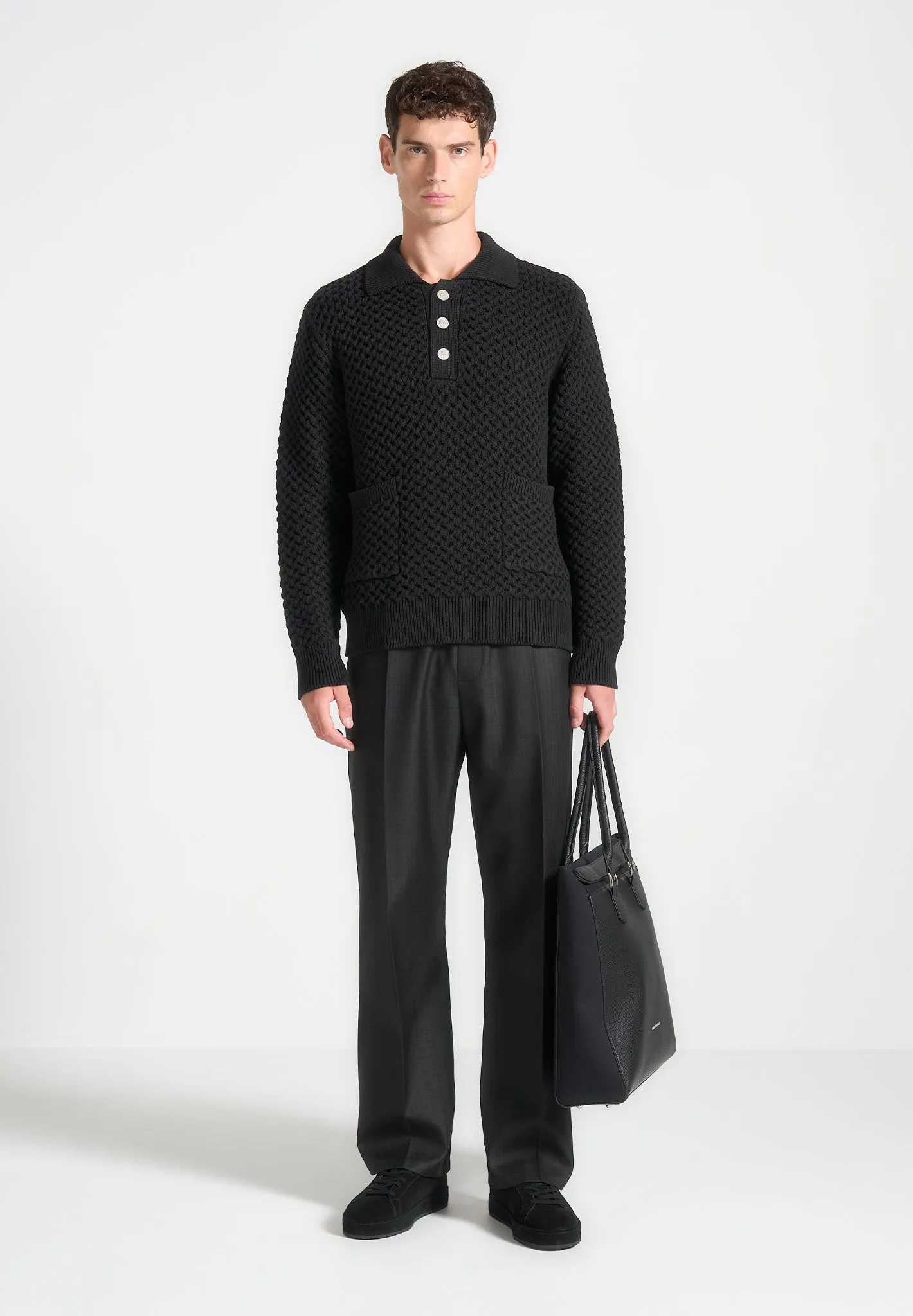 Waffle Knit Polo Jumper - Black