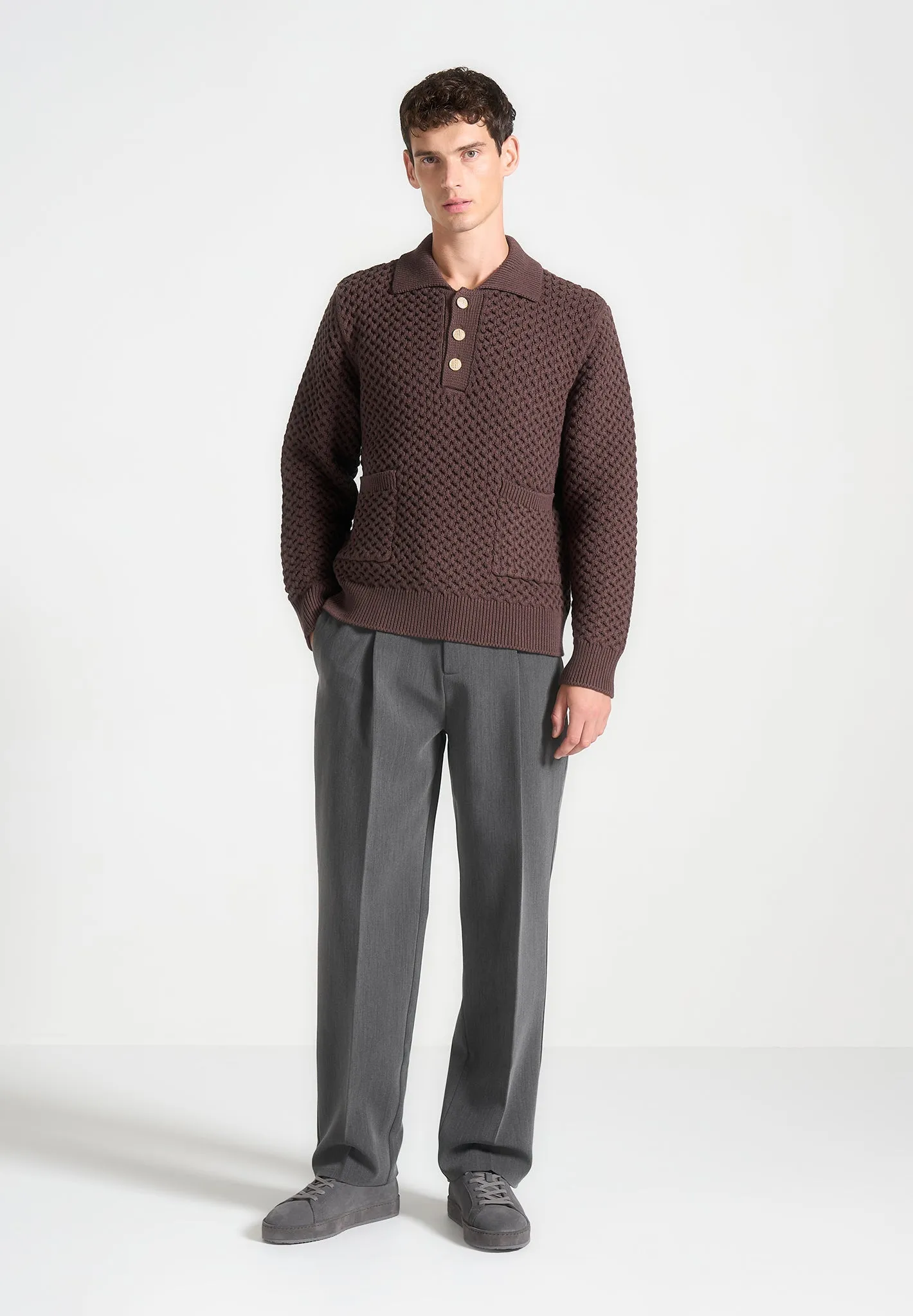 Waffle Knit Polo Jumper - Brown