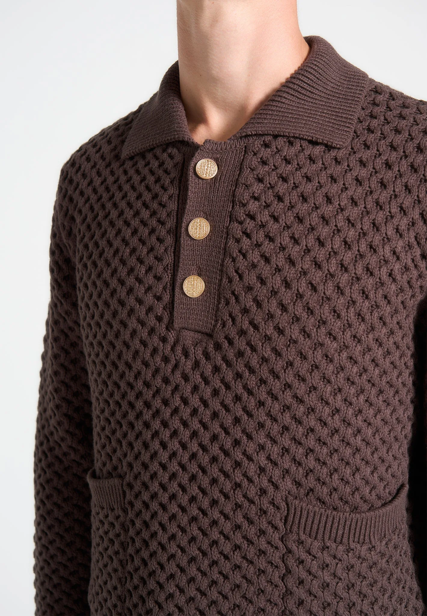 Waffle Knit Polo Jumper - Brown