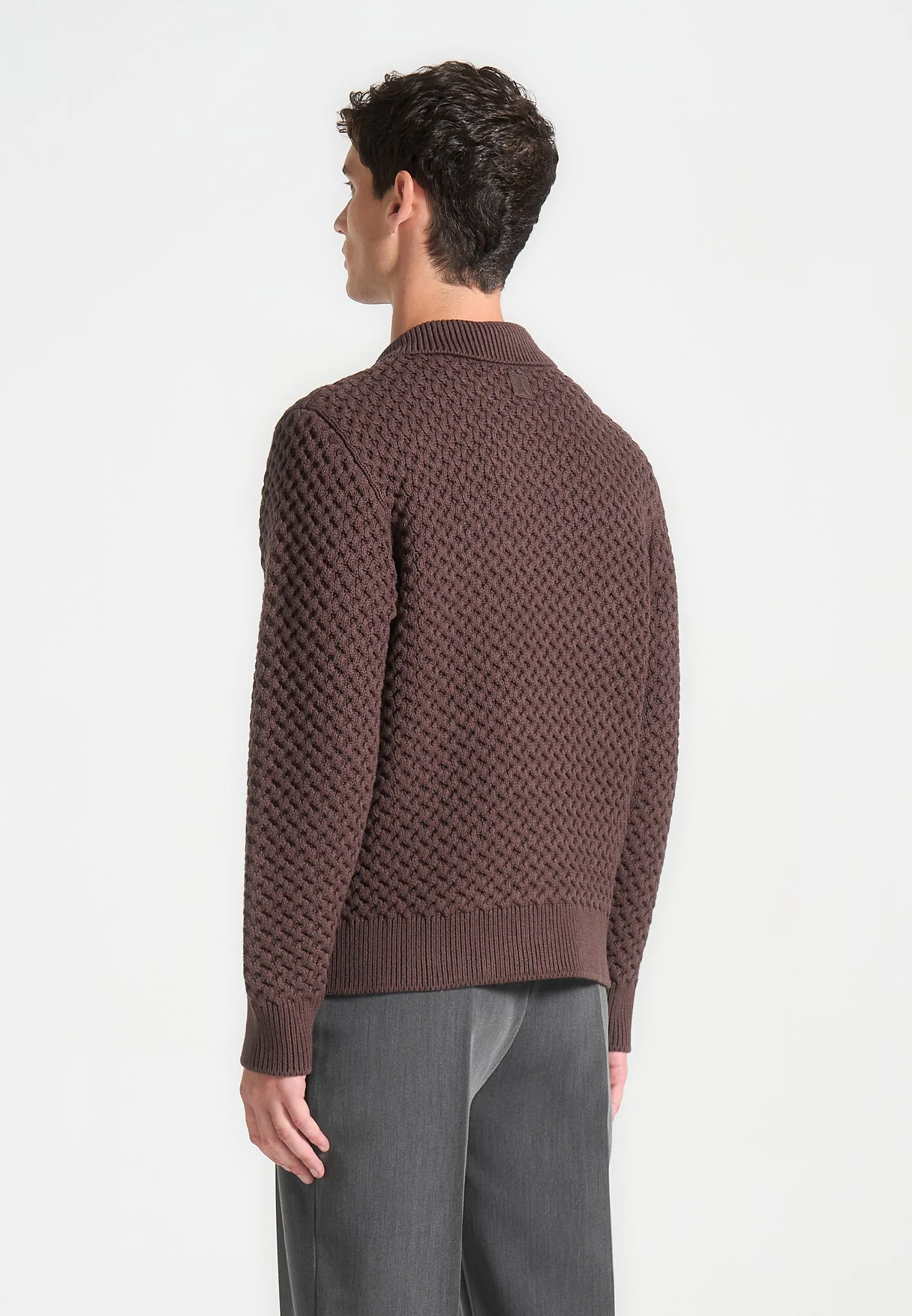 Waffle Knit Polo Jumper - Brown