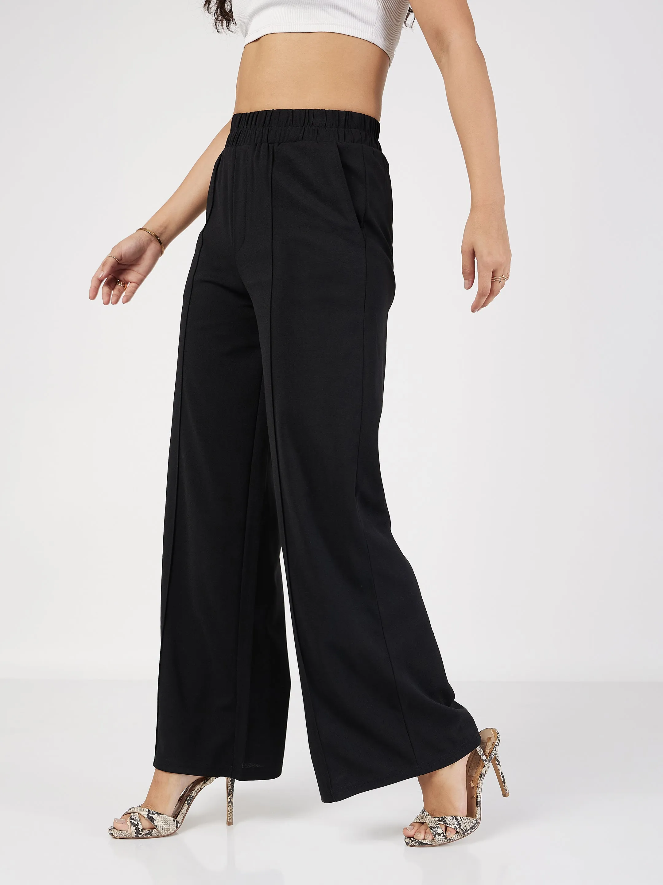 Women Black Front Dart Palazzo Pants