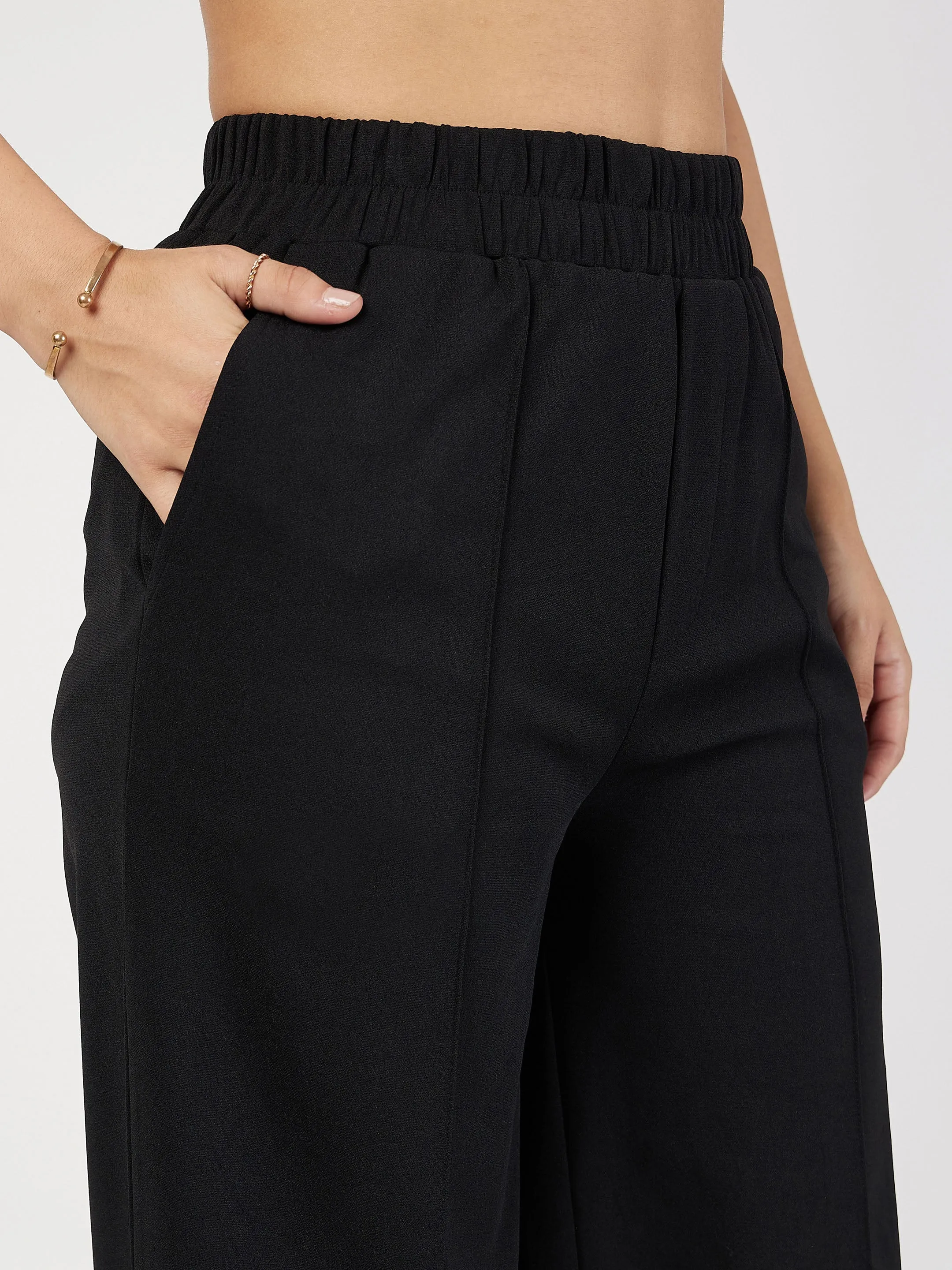 Women Black Front Dart Palazzo Pants