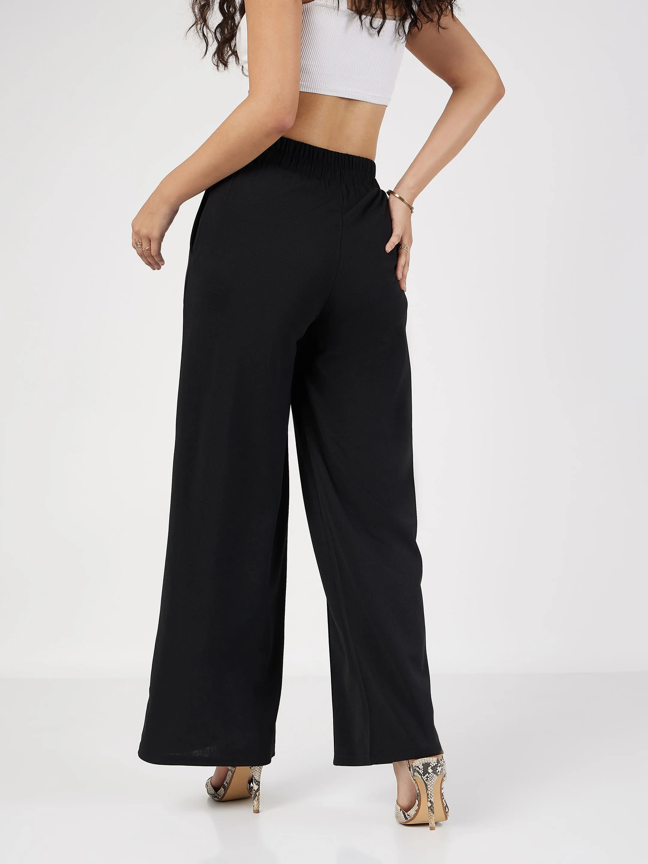 Women Black Front Dart Palazzo Pants