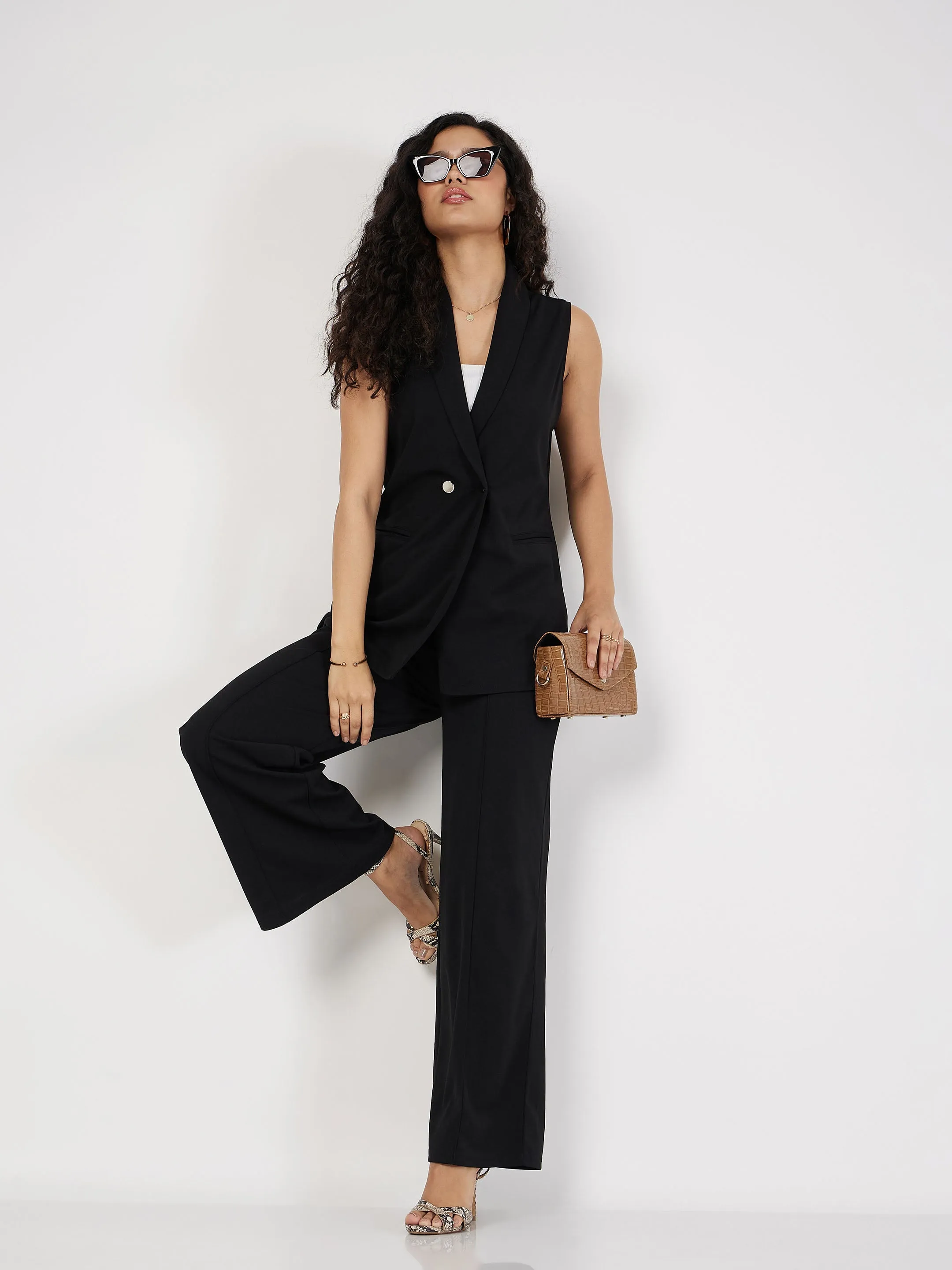 Women Black Front Dart Palazzo Pants