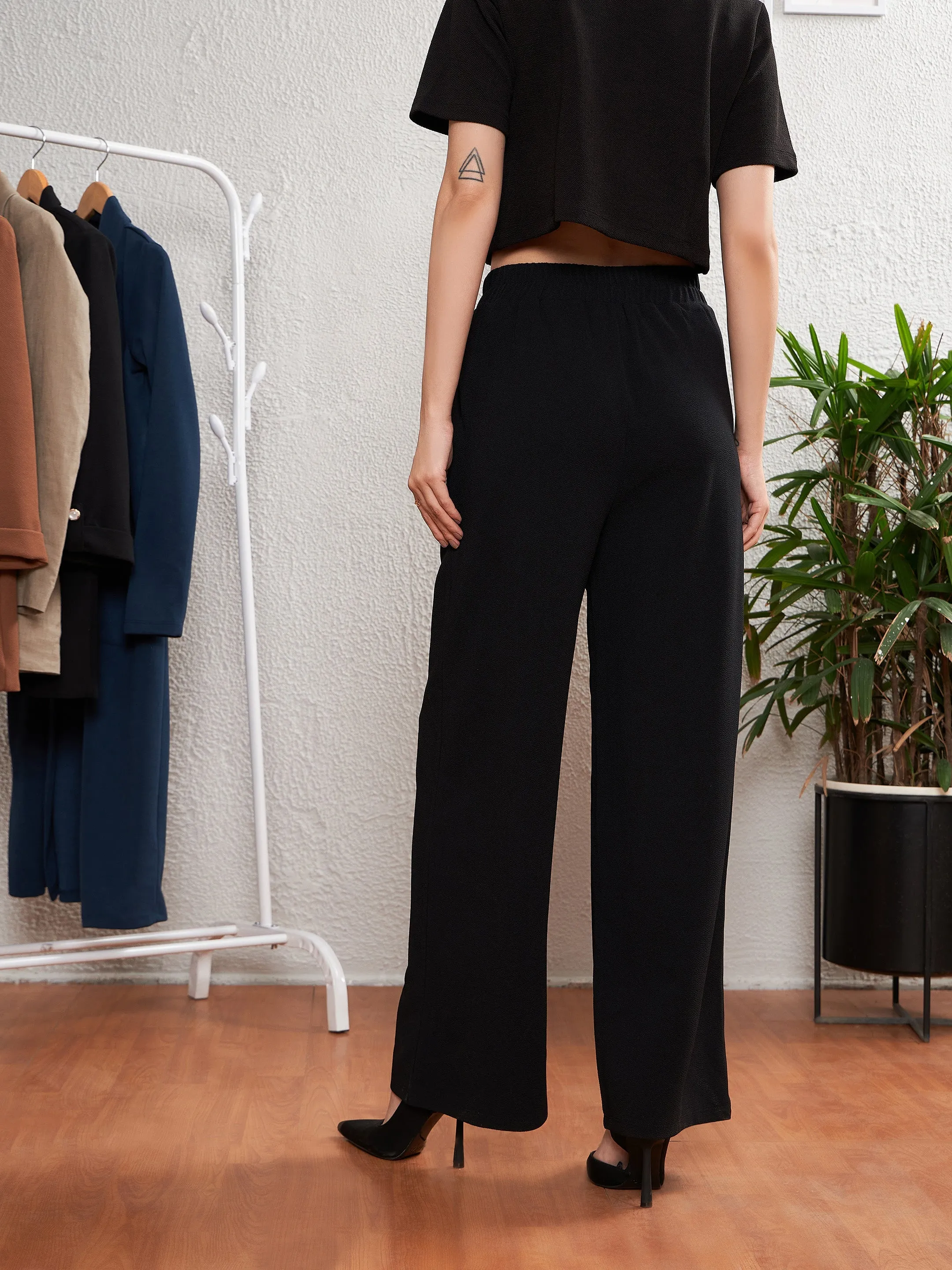 Women Black Front Darted Palazzo Pants