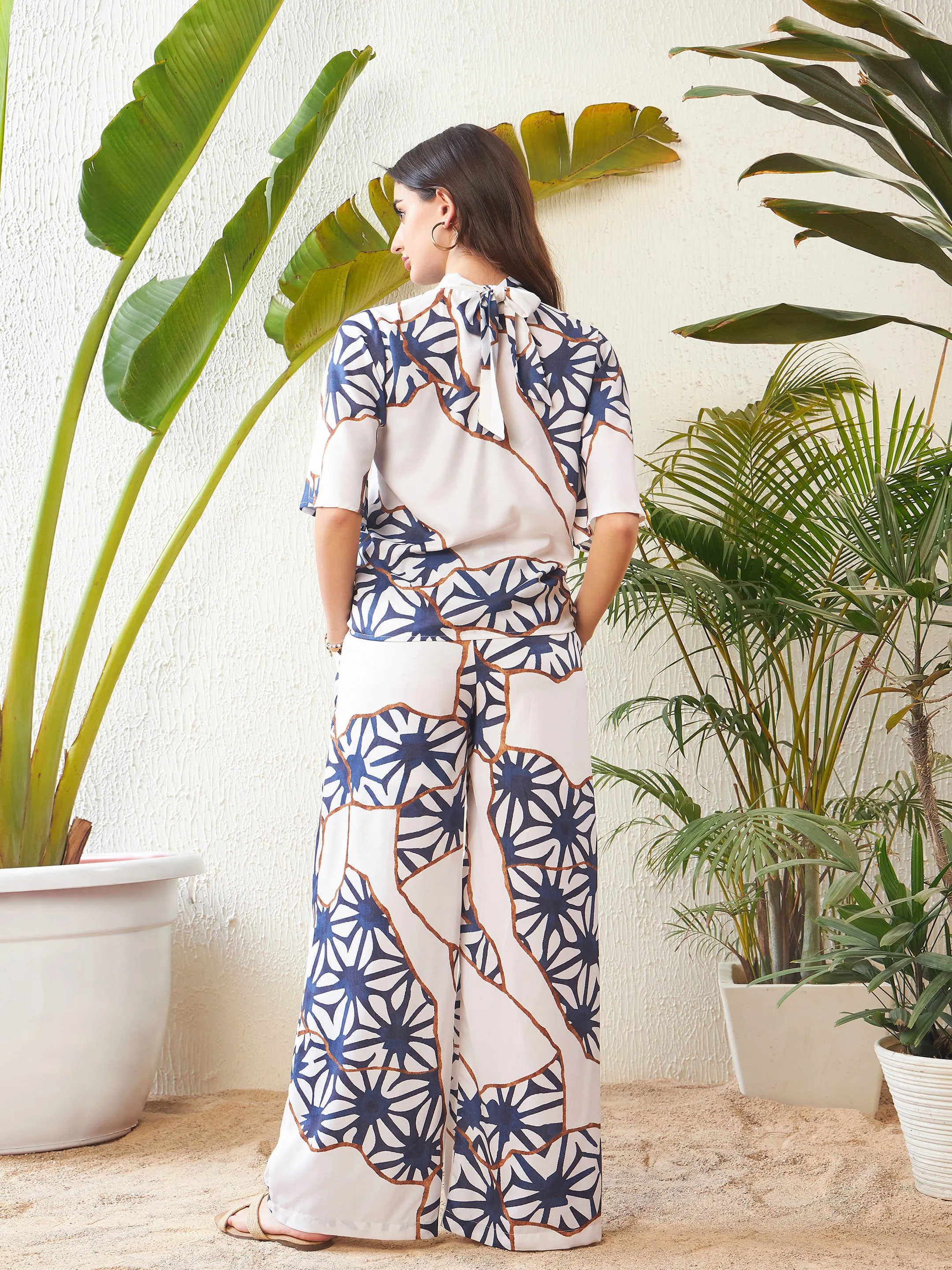 Women White Abstract Printed Top With Palazzo Pants